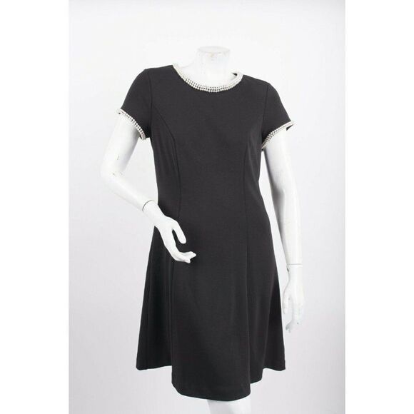 Karl Lagerfeld Paris Womans A-Line Dress Sz 8 Black Faux Pearl Trim Short sleeve - Picture 1 of 7
